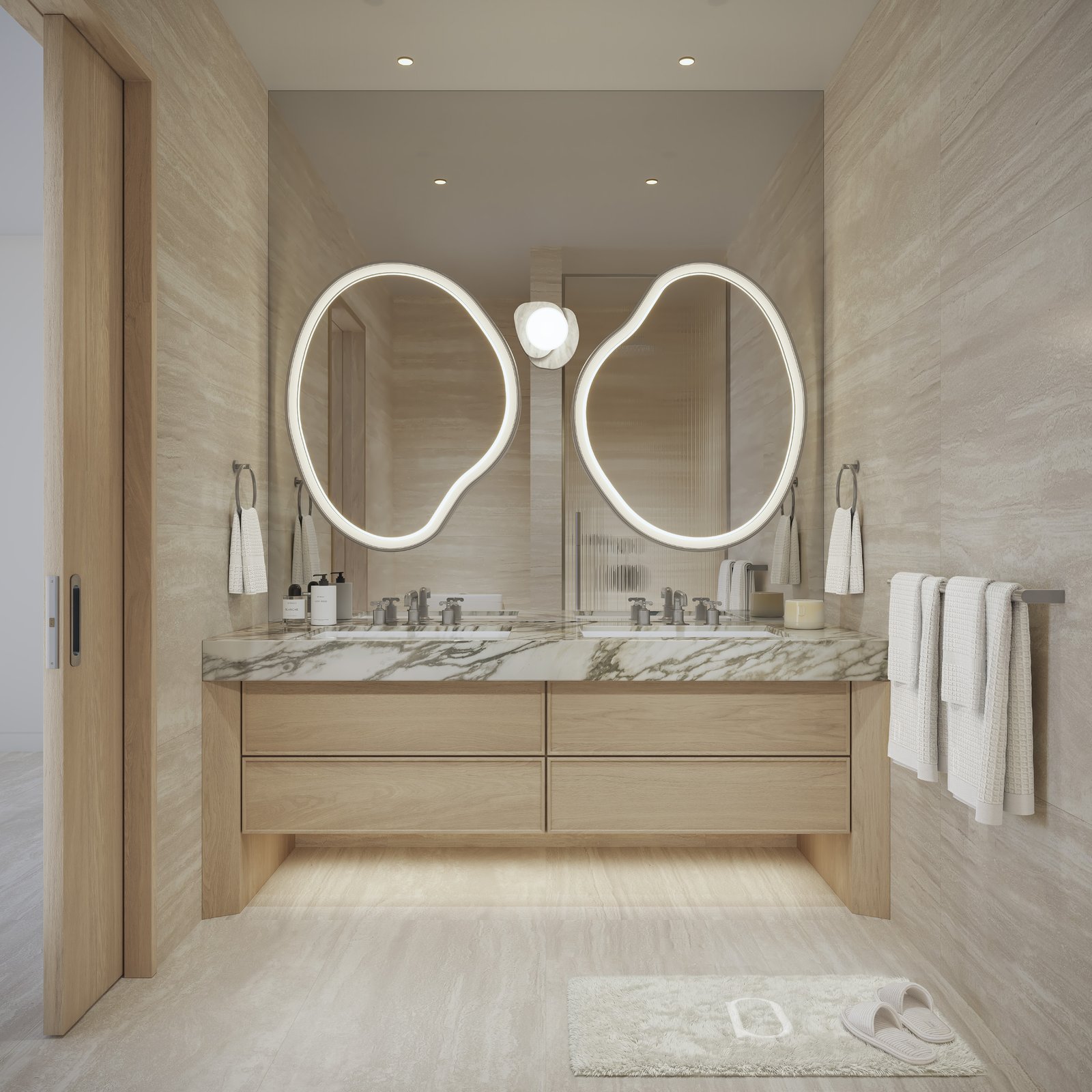 Delano Residences primary bathroom — Meyer Davis design with Waterworks fixtures and custom millwork