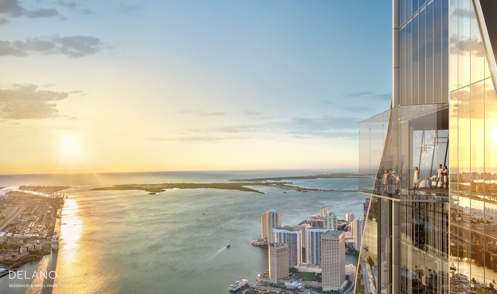 Delano Residences observation deck at 850 feet — panoramic views over Biscayne Bay and the Atlantic