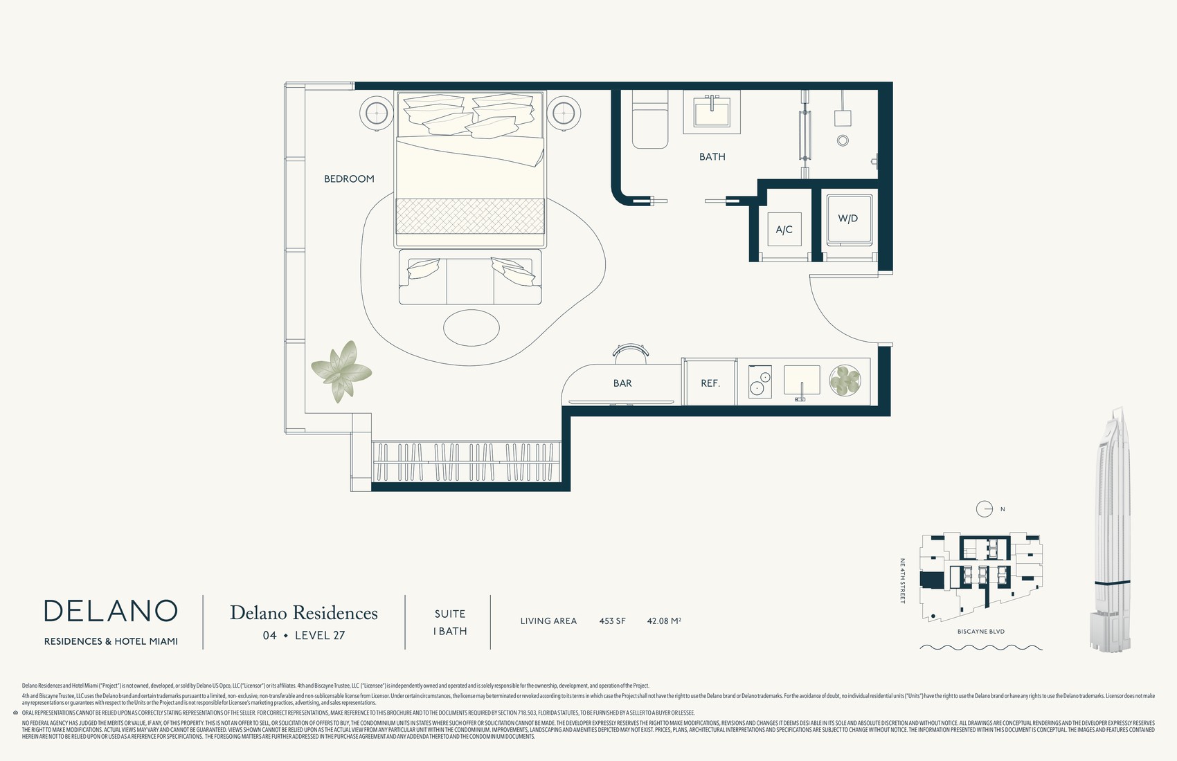 Planta Delano Collection Linha 04: suite, 1 banheiro, 453 pés², andares 20-47