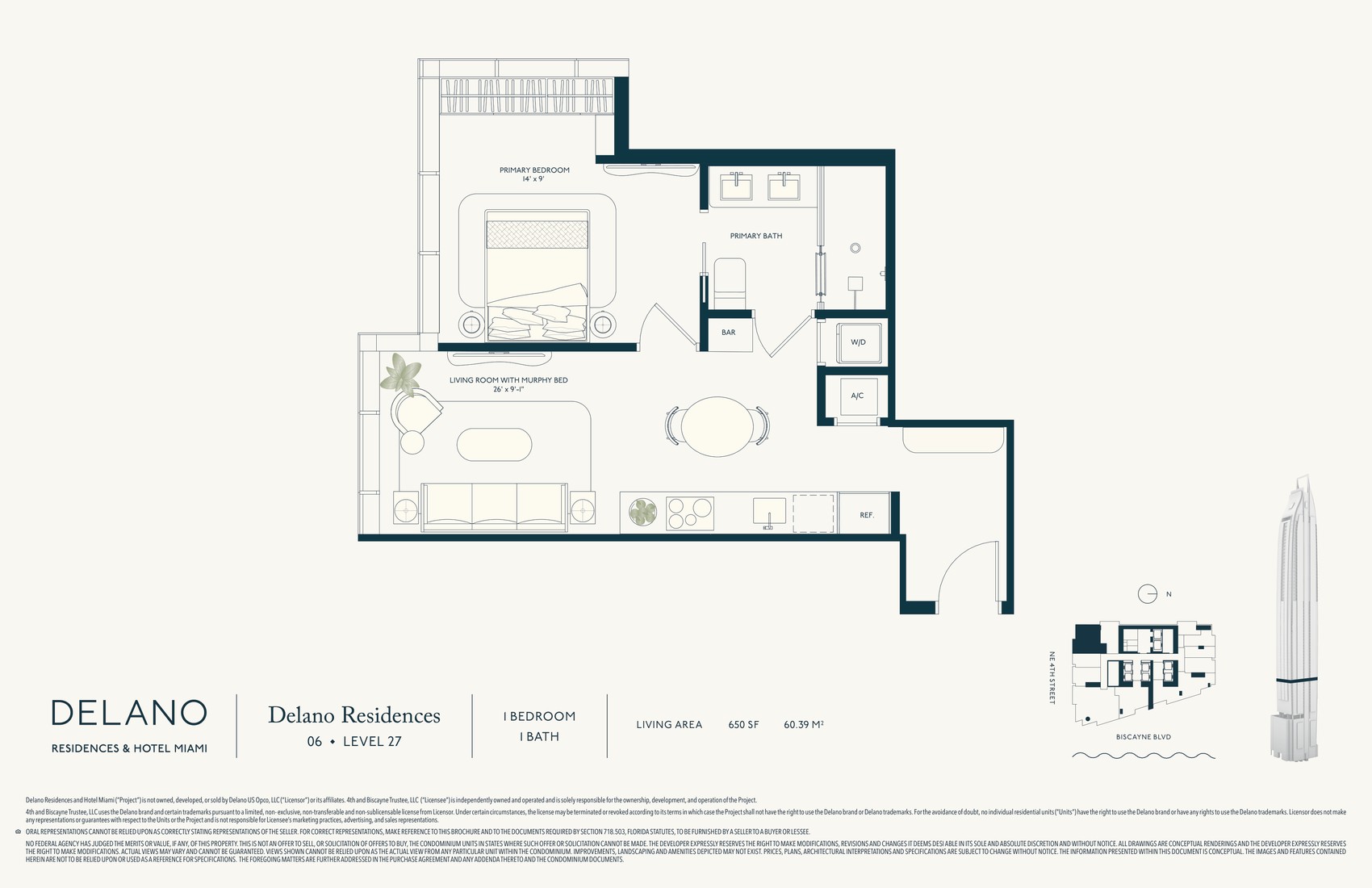 Planta Delano Collection Linha 06: 1 quarto, 1 banheiro, 650 pés², andares 20-47