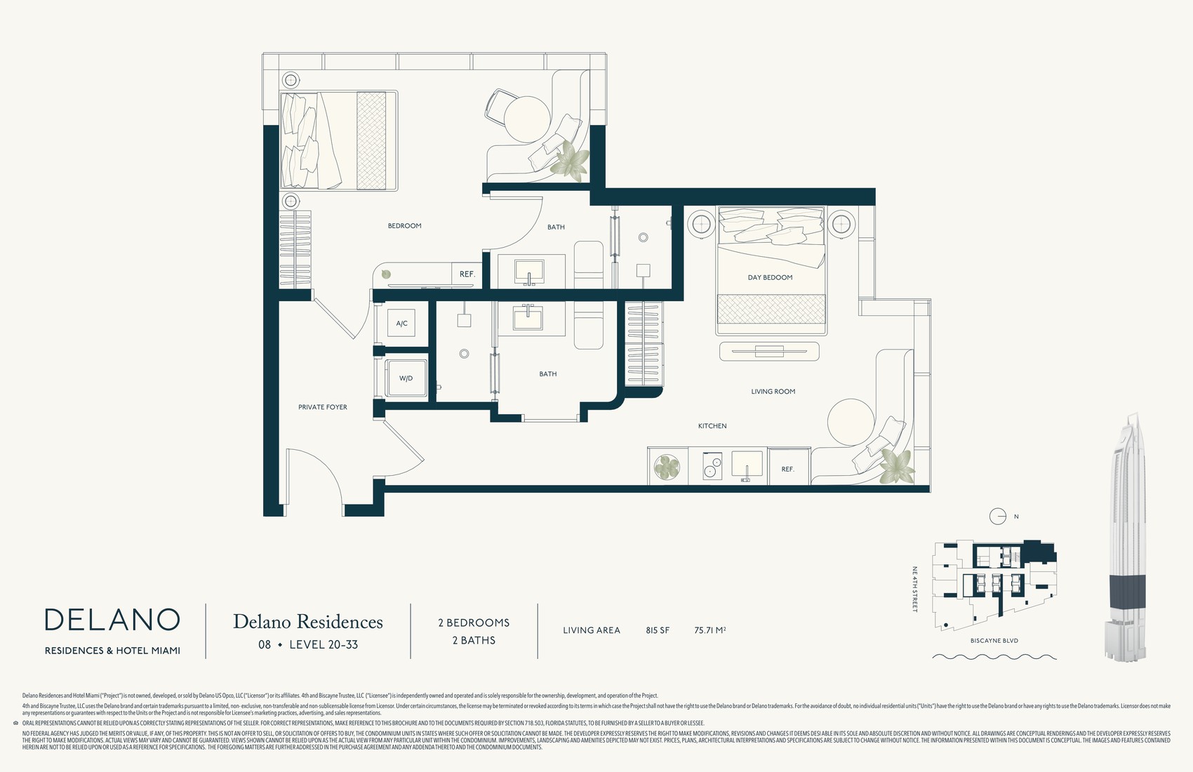 Planta Delano Collection Linha 08: 2 quartos, 2 banheiros, 815 pés², andares 20-33