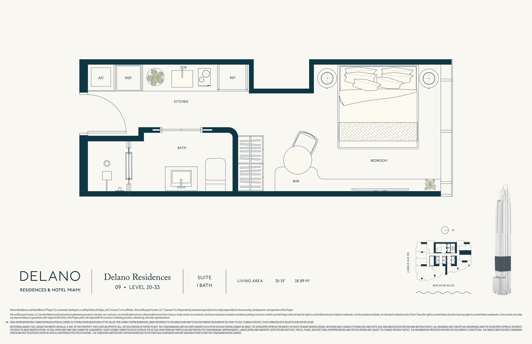 Planta Delano Collection Linha 09: suite, 1 banheiro, 311 pés², andares 20-33