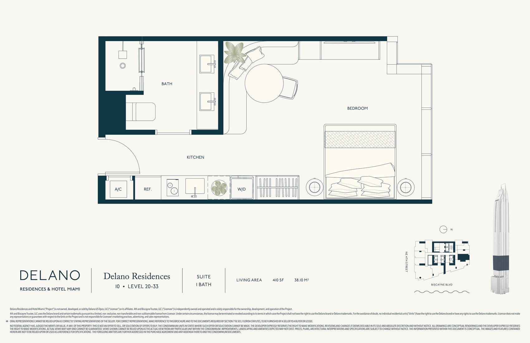 Planta Delano Collection Linha 10: suite, 1 banheiro, 410 pés², andares 20-33
