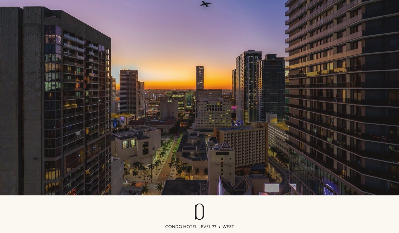 Simulated view from Delano Residences level 22 looking west toward Brickell and downtown Miami