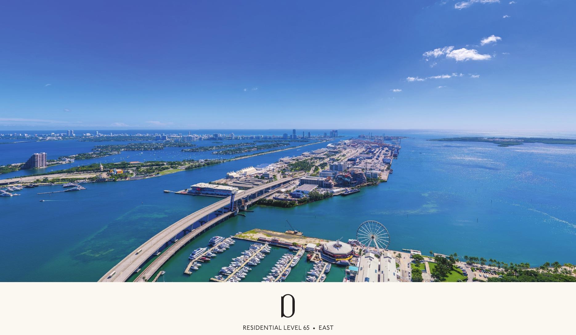 Simulated view from Delano Residences level 65 looking east — panoramic view of Biscayne Bay, Fisher Island, and Atlantic Ocean