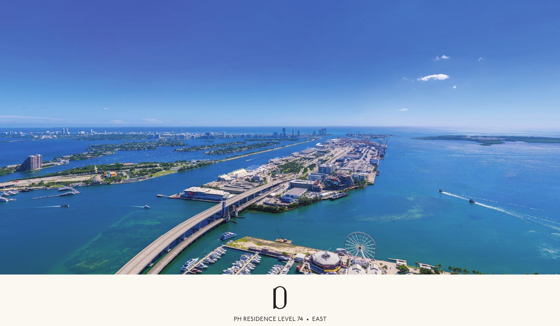 Simulated view from Delano Residences level 74 looking east — full panorama of South Florida coastline from North Miami to Key Biscayne