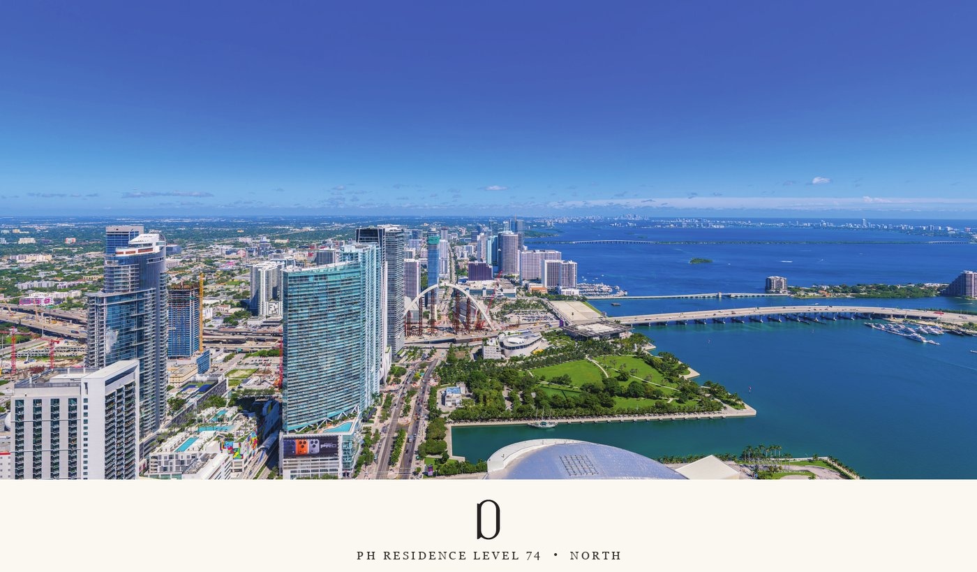 Simulated view from Delano Residences level 74 looking north — upper Biscayne Bay and the South Florida coast toward Broward County