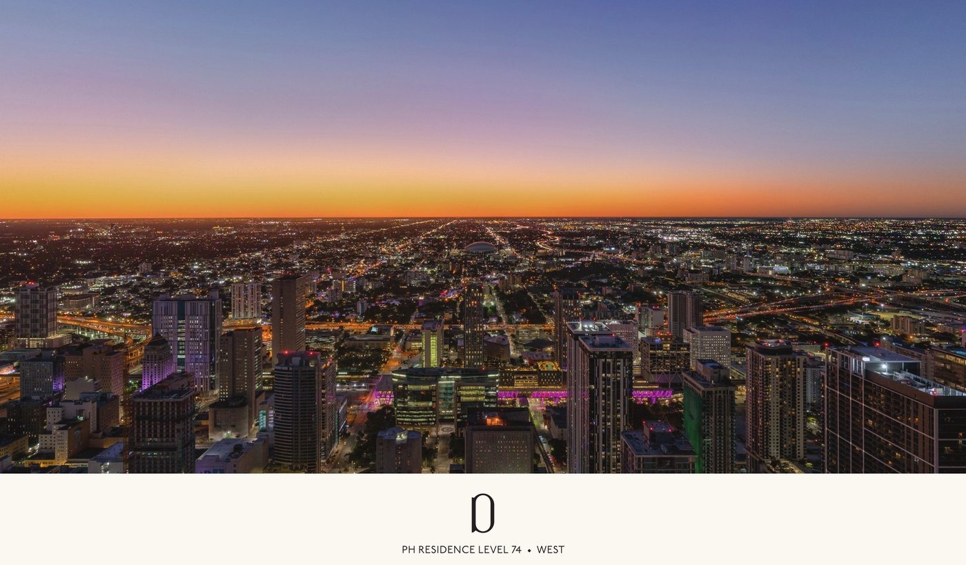 Simulated view from Delano Residences level 74 looking west — expansive view over Miami and toward the Everglades